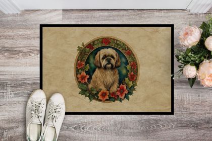 Lhasa Apso Christmas Flowers Doormat Front Door Mat Indoor Outdoor Rugs for Entryway, Non Slip Washable Low Pile, 24H X 36W