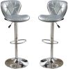 Silver / Grey Faux Leather PVC Stool Counter Height Chairs Set of 2 Adjustable Height Kitchen Island Stools Chrome Base.