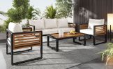 GO Large Size 4-pieces Outdoor Furniture sofa for 5 Person Conversation Set, Garden Sofa Set With Removable Cushion, Metal And Wood Frame Sofa set