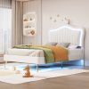 Twin Size Upholstered Bed Frame with LED Lights, Modern Upholstered Princess Bed With Crown Headboard,White