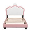 Twin size Upholstered Princess Bed With Crown Headboard,Twin Size Platform Bed with Headboard and Footboard,White+Pink