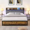 Queen Size Bed Frame, Storage Headboard with Charging Station and 4 Storage Drawers,LED Lights , Brown and Gray
