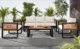 GO Large Size 4-pieces Outdoor Furniture sofa for 5 Person Conversation Set, Garden Sofa Set With Removable Cushion, Metal And Wood Frame Sofa set