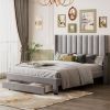 Queen Size Storage Bed Velvet Upholstered Platform Bed with a Big Drawer - Beige